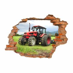 an image of a tractor through a hole in the wall