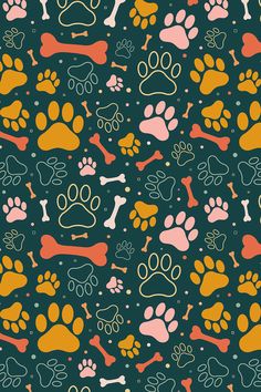 an image of dog paws and bones on a green background with orange, pink, and yellow colors