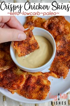 crispy chicken skins with keto - low carb pale sauce on a white plate