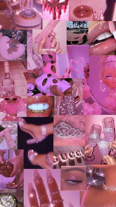 a collage of photos with pink and silver glitters on the nails, rings, bracelets