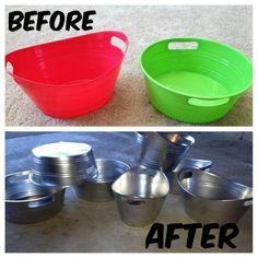 before and after pictures of plastic buckets with lids on the bottom one is green, the other is red