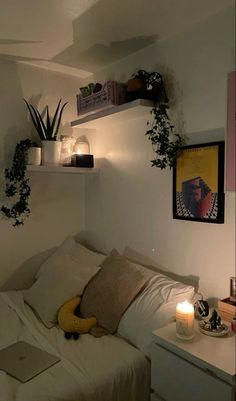 a room with a bed and some plants on the wall