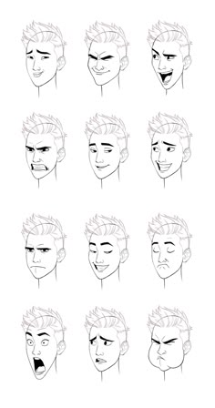 the stages of facial expressions for an animation character's face, with different angles and hair