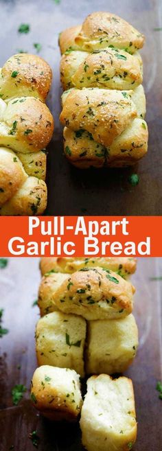 pull apart garlic bread rolls on a baking sheet with parsley sprinkled on top