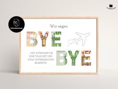 a poster with the words bye bye and an airplane flying above it in german language