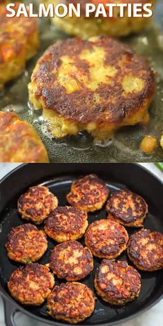 salmon patties in a cast iron skillet with text overlay that reads how to make salmon patties