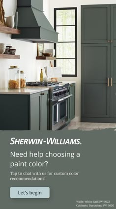 a kitchen with green cabinets and an advertisement for sherwinn - williams's paint color