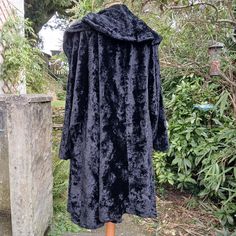 Stunning Gothic Black Crushed Velvet Loose Jacket Coat with 8" double thickness Shawl Collar 1st oct photos revised outside to see detail Opera coat hangs in folds.Quality-fairly heavy No labels but fits size UK 16 18 US size 12 14 Bust upto 44" no fastenings hangs loose Hips upto 56" length 36" so over thighs depending on height Unstructured Sleeve 22.5" so SHORTER bracelet sleeves again depending on your size Heavy 1.2kgs Unlined, without lining No lining so inner seams can be seen[see last ph Witchy Long Sleeve Costume Outerwear, Witchy Long Sleeve Outerwear For Costume, Vampire Style Winter Party Outerwear, Witchy Outerwear For Halloween Larp, Witchy Outerwear For Fall Costume, Gothic Costume Outerwear For Winter, Gothic Winter Larp Outerwear, Witchy Long Sleeve Winter Outerwear, Witchy Long Sleeve Outerwear For Fall