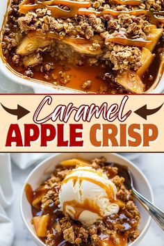 this caramel apple crisp is an easy dessert that's ready to be eaten