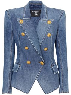 Denim Wear Women, Denim Jacket Design Ideas, Denim Blazer Outfit, Balmain Jacket, Gold Jacket, Denim Suit, Blazer Jeans, Denim Blazer, Double Breasted Jacket