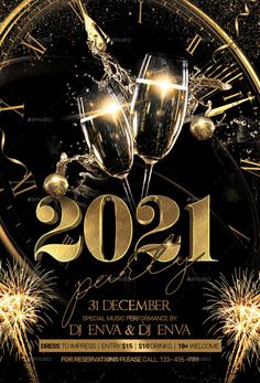 new year's eve party flyer with two champagne glasses and fireworks on black background