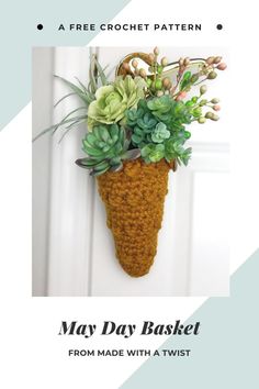 a crocheted planter with succulents hanging from the side of a door