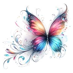 a colorful butterfly with swirls and bubbles on it's wings, flying through the air