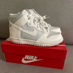 Nike Dunk High Summit White And Pure Platinum Light Blue/Grey Brand New Size 4y Womens 5.5 Receipt In Pics Gray Boost Midsole Sneakers, Nike Gray High-top Sneakers With Round Toe, Nike Dunks High, Nike High, Dunk High, Nike Dunk High, Hype Shoes, Grey Outfit, Nike Dunk