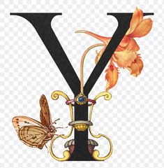 the letter y is decorated with flowers and butterflies, as well as an image of a butterfly