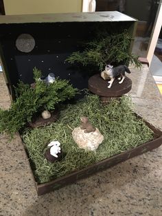 an open box filled with fake animals on top of grass