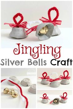 silver bells are wrapped in twine and tied with red ribbon to make them look like hearts