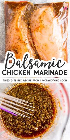 the ingredients to make balsamic chicken marina in a glass bowl with a purple fork