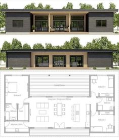 two story house plans with garages and living room in the middle, one bedroom on the second floor