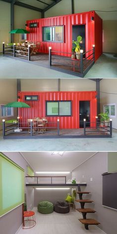 two pictures showing the inside and outside of a shipping container with stairs leading up to it