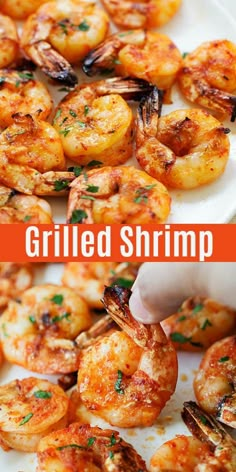 grilled shrimp is being served on a white plate