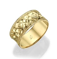 "14k gold wide wedding ring with special diamonds cut texture, This Impressive ring also makes the perfect anniversary gift. Description: ✤ This ring is made to order ✤ This ring is handmade from start to finish in Our workshop, DaninoDesigner. ✤ Made Of 14K Yellow Gold. ✤ Ring width: 0.32'' / 0.83cm ✤ Ring Size: Choose at checkout - or contact me for custom requests ✤ PACKAGING: Every order is shipped with our luxury jewelry packaging. Perfect for gift giving🎁 📌 Rings-size guide: All of the r Luxury Gold Wide Band Ring Hallmarked, Luxury Yellow Gold Domed Wide Band Ring, Bohemian Gold-plated Gold Rings, Gold Engraved Wide Band Ring Hallmarked, Luxury Gold Filigree Ring Hallmarked, Textured Gold Ring, Boho Wedding Ring, Boho Engagement Ring, Wide Wedding Rings