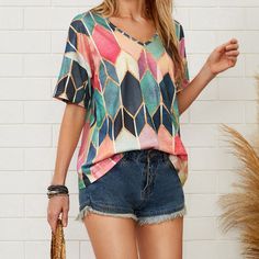 Women's Casual T-Shirt Colorful Rhombus Printed Short Sleeve V-Neck Tee Top Casual Green Tops With Geometric Pattern, Casual Green Top With Geometric Pattern, Casual Multicolor Print V-neck T-shirt, Casual Tops With Multicolor Geometric Pattern, Casual V-neck Tops With Geometric Pattern, Multicolor Short Sleeve Top With Geometric Pattern, Multicolor Geometric Pattern Short Sleeve Top, Trendy Short Sleeve Tops With Geometric Pattern, Trendy Geometric Pattern Short Sleeve Tops