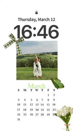 an image of a woman sitting on the grass with flowers in front of her calendar