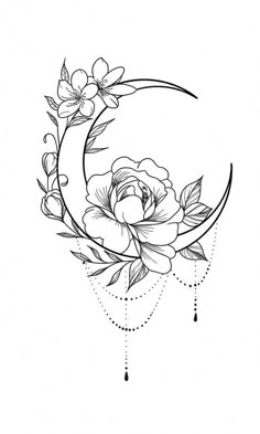 a crescent with flowers on it and the moon in the middle is drawn by hand