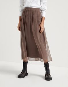 Crispy silk pleated midi skirt with shiny waistband Silk Midi Skirt, Brown Silk, Boutique Online, Pleated Midi Skirt, Fine Fabric, Shirt Skirt, Event Dresses, Sheer Fabrics, Lady Dior