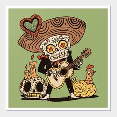 a mexican skeleton playing guitar next to two chickens and a sombrero with a heart on it