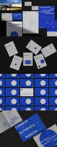 various blue and white business cards on display