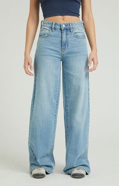 Elevate your street style with the Jessie Medium Indigo High Waisted Baggy Jeans from PacSun, crafted for both durability and fashion-forward style. Your fave 'fit gets updated with a flattering high-rise waist, keeping a relaxed baggy fit, making them the perfect blend of comfort and edge for your everyday look. They're made with sustainably sourced cotton for an eco-friendly update.Model measurements: 5’6.5” height, 32” bust, 23” waist, 35” hipsLearn more about PacSun eco items PacSun Womens Jessie Medium Indigo High Waisted Baggy Jeans - Blue size 26 Holister Jeans, Cute Clothing Stores, Pacsun Jeans, Fits Clothes, Mid Rise Jeans, School Fashion, Preppy Outfits, Baggy Fits