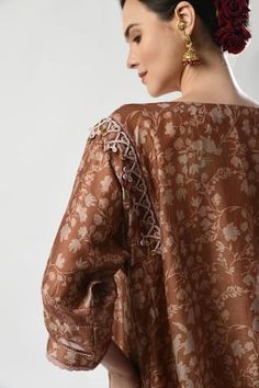 Brown kurta with dori embroidery on floral print, embellished by sequins. Comes with pant, inner and dupatta. - Aza Fashions Designer V-neck Sets With Printed Motifs, Silk V-neck Sets With Printed Motifs, Wedding Sets With Printed Motifs And V-neck, V-neck Wedding Sets With Printed Motifs, Wedding Sets With V-neck And Printed Motifs, Elegant Blouse With Printed Motifs For Designer Wear, Silk V-neck Kurta With Printed Motifs, Festive Silk Tops With Printed Motifs, Elegant Floral Print Blouse For Eid