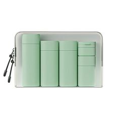 four mint green flasks in a white box with black handles and zippered pouch