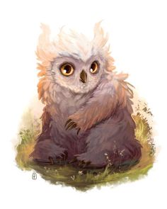 an owl is sitting in the grass with its eyes wide open