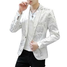 I can't get over how amazing this product is. It's simply superb. Terno Slim Fit, Blazer Wedding, Terno Slim, Floral Prints Fashion, Silver Blazer, Mens Fashion Blazer, Lace Blazer, Printed Casual Dresses, Slim Fit Jackets