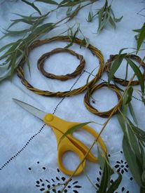 some scissors are laying on the table next to some leaves and twigs that have been cut into strips