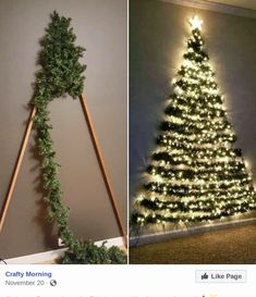 a christmas tree is decorated with lights and greenery in the shape of a triangle