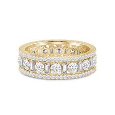 This eternity ring knows how to put fun into fine jewelry. It features a geometric profile and an alternating pattern of round and baguette diamonds. The shank is bordered by a circular row of accent diamonds in a scalloped pave setting. The result? A play on depth, texture, and style while maintaining a diamond eternity band's classical elegance. The ring can be customized in your choice of metal, carat weight, and diamond quality. Diamond Eternity Ring, Baguette Diamonds, Pave Setting, Eternity Ring Diamond, Eternity Band Diamond, Diamond Eternity, Baguette Diamond, Eternity Bands, Bling Bling