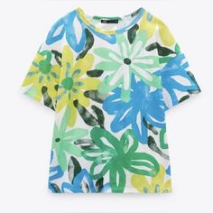 Zara Tee Short Sleeve Printed Top Yellow Relaxed Fit T-shirt For Spring, Zara Multicolor Cotton Tops, Green Zara Shirt For Spring, Blue T-shirt For Spring, Trendy Blue Floral Print T-shirt, Zara Green Shirt For Spring, Casual Green Zara Shirt, Zara Yellow Crew Neck Top, Spring Blue Graphic Print T-shirt