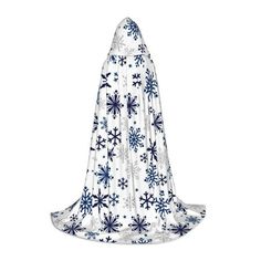 a white and blue dress with snowflakes on it