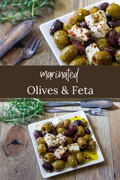 marinated olives and feta on a white plate