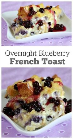 overnight blueberry french toast on a white plate with text overlay that reads overnight blueberry french toast