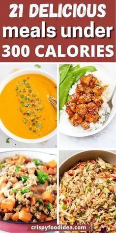 the best meals under 300 calories are in this roundup with text overlay that reads, 21 delicious meals under 300 calories