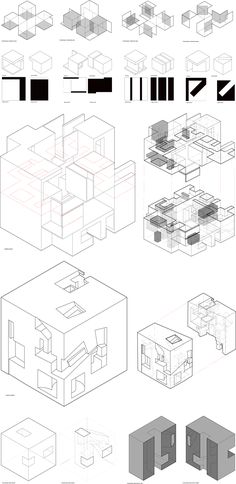 several different types of architecture are shown in black and white, including the floor plan