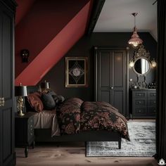 a bed room with a neatly made bed next to a dresser and mirror on the wall