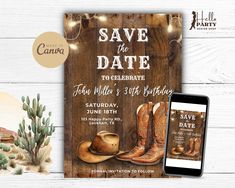 western themed save the date card with cowboy boots, hat and lights on wooden planks