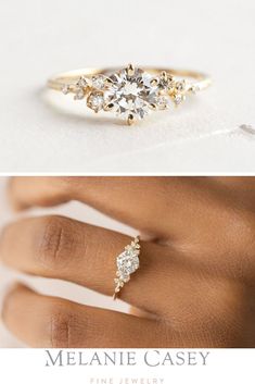 a woman's engagement ring with three stones on it and the words, melanie casey fine jewelry