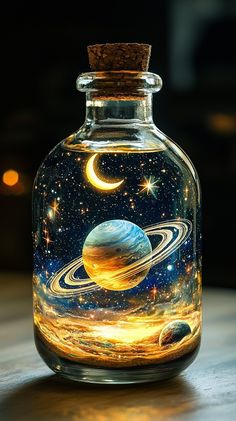 a glass bottle with an image of the planets in it